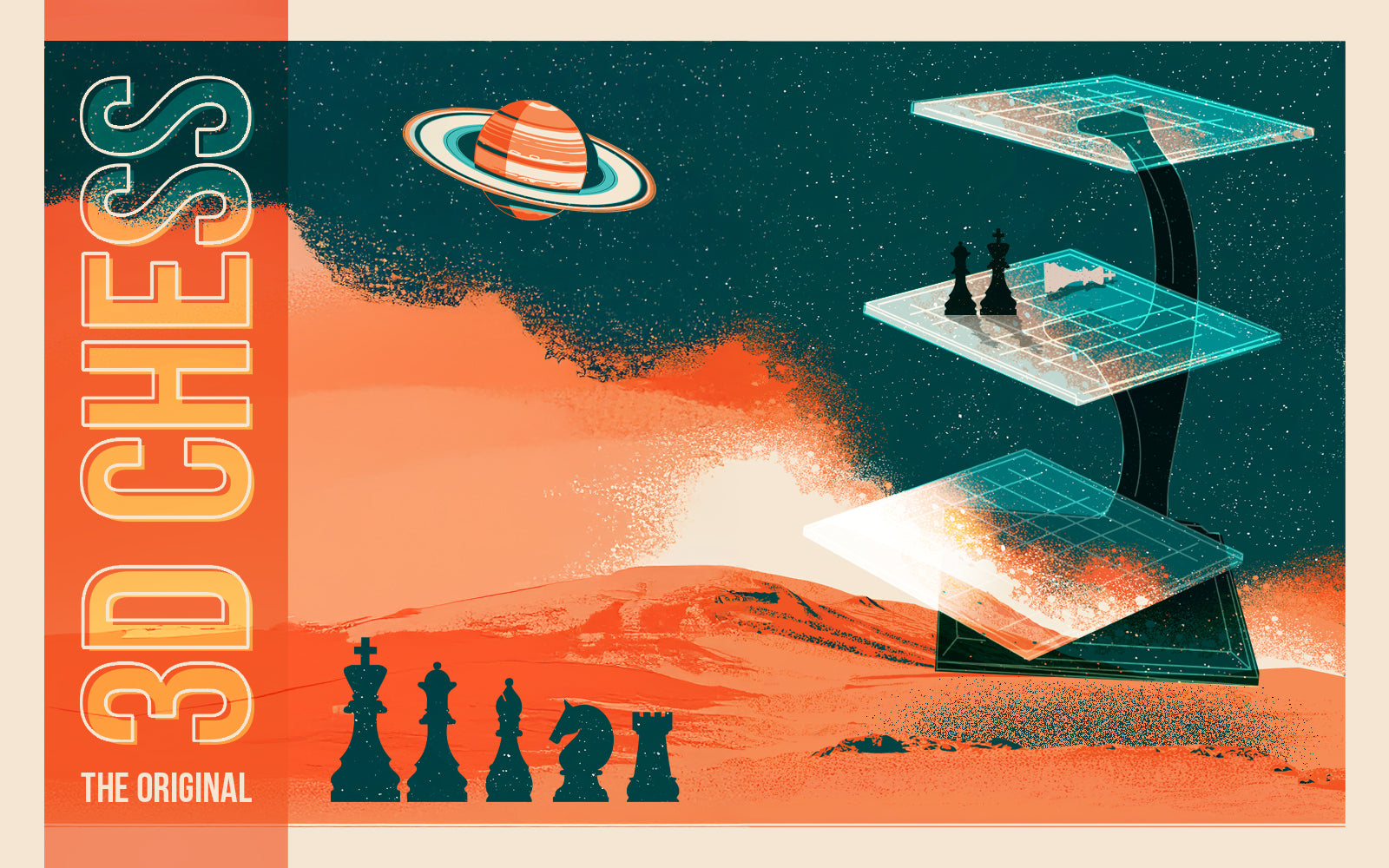 Illustration of a 3D chess set on a desert planet with a solar panel and Saturn in the background.